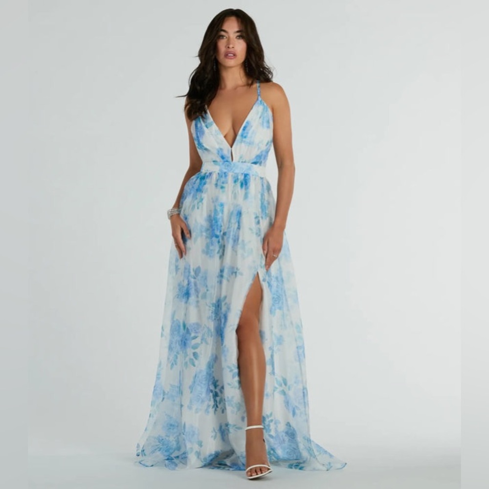 Windsor Blue Clarissa V-Neck Rose Floral A-Line Formal Gown